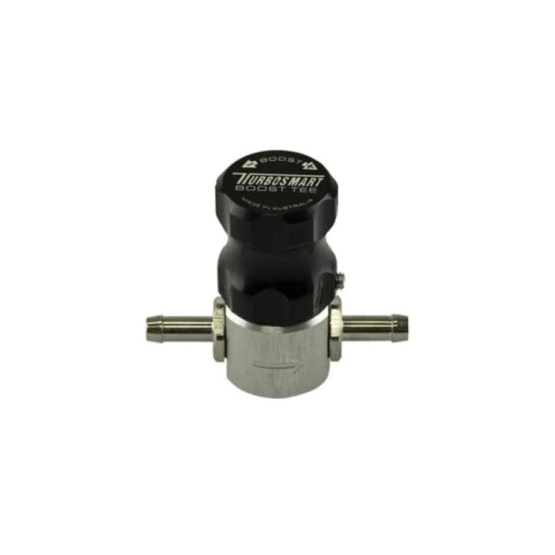 Black anodized Turbosmart Boost Tee manual boost controller with adjustment dial and mounting bracket.