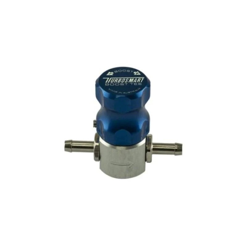 Blue anodized Turbosmart Boost Tee gated manual boost controller with adjustment knob and mounting hardware.