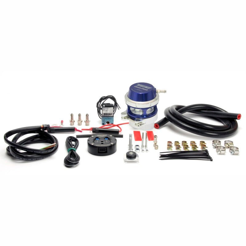 Blue Turbosmart RacePort 50mm blow off valve with electronic BOV controller and wiring harness.