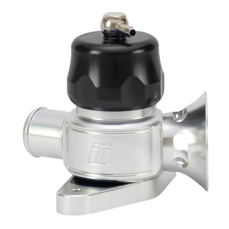 Black anodized Turbosmart Dual Port Blow Off Valve with direct-fit flange for Mazda and Subaru applications.