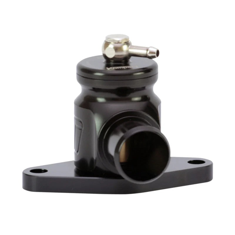 Black billet aluminum Turbosmart Kompact Plumb Back recirculating blow-off valve.