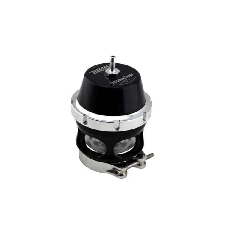 Black MILSPEC hard-anodized Turbosmart Power Port blow-off valve with billet aluminum body and quick-release V-band collar.