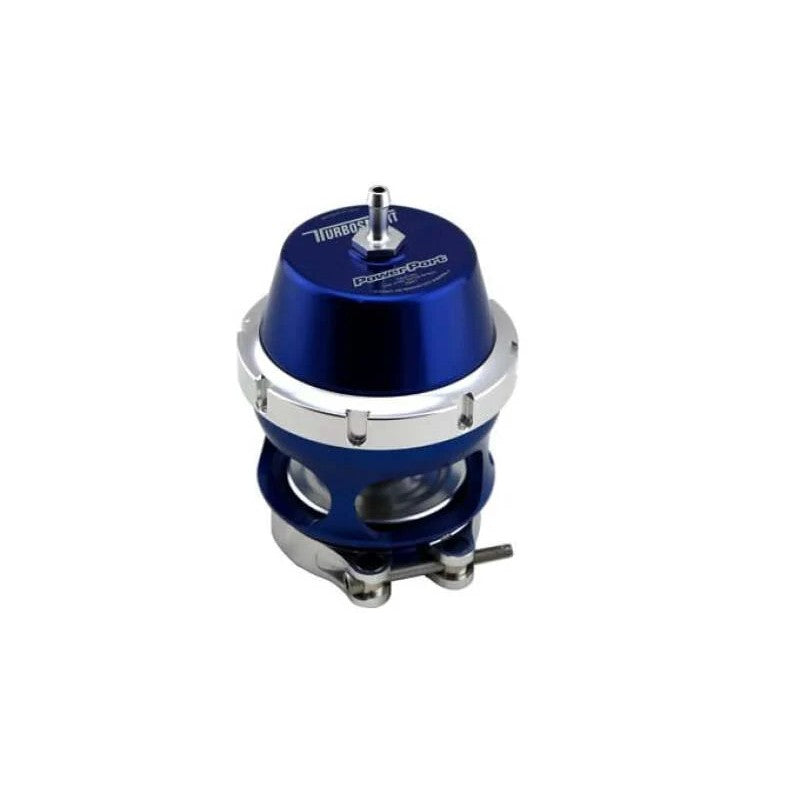 Blue anodized Turbosmart Power Port blow off valve showing the dual-chamber billet aluminum body and V-band collar.