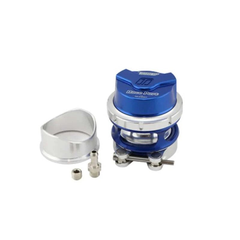 Blue Turbosmart Gen V RacePort 50mm blow off valve with billet aluminum housing and V-band flange.