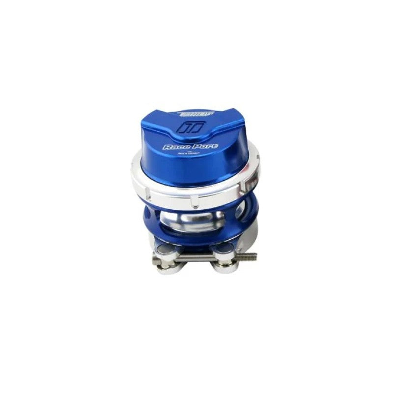 Blue Turbosmart Gen V RacePort blow off valve with billet aluminum body and silver quick-release V-band collar.
