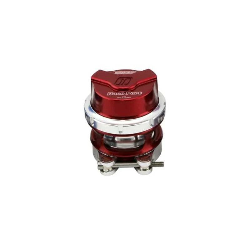Red anodized Turbosmart RacePort Gen-V blow off valve with billet aluminum housing and quick release V-band collar.
