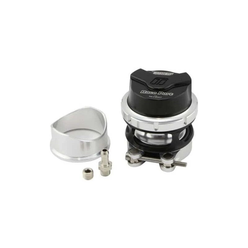 Black Turbosmart RacePort Gen V supercharger blow off valve with aluminum V-band collar and 2.0 inch inlet.