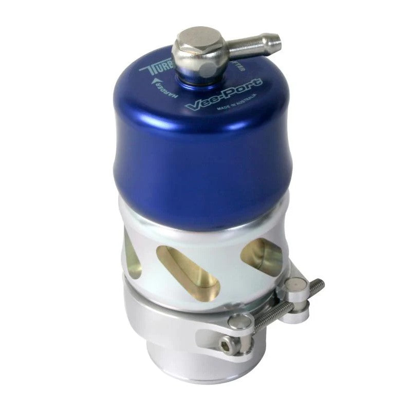 Blue anodized billet aluminum Turbosmart Vee Port Pro 38mm blow-off valve with V-band mounting flange.