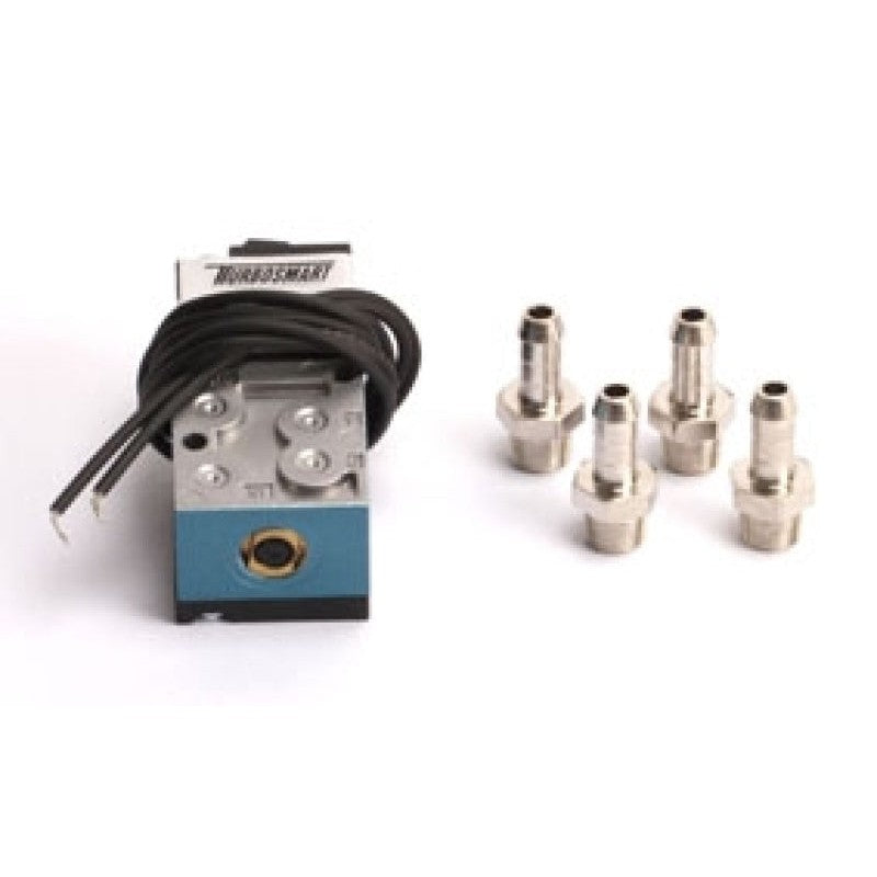 Turbosmart eB2 4-port boost control solenoid kit with nickel-plated fittings and wiring harness.