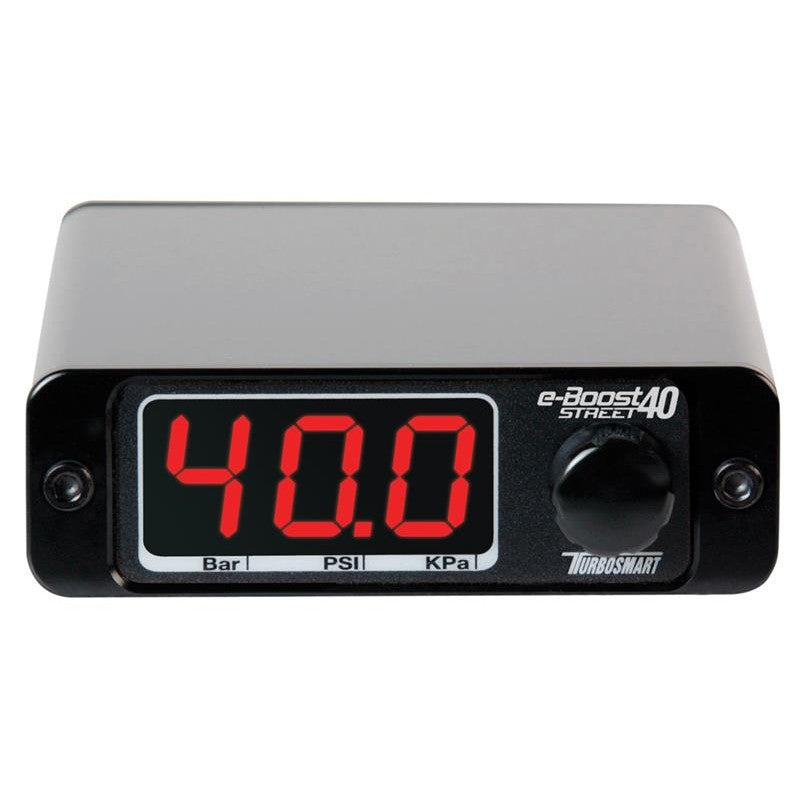 Turbosmart e-Boost Street 40psi electronic boost controller in a 1/4 DIN black housing with digital display.