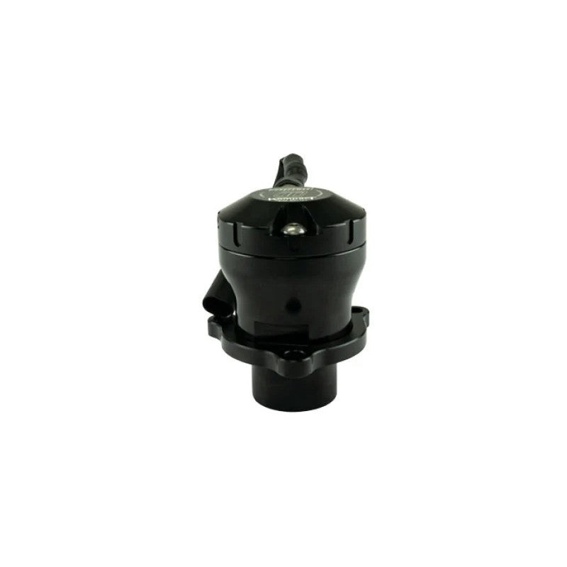 Black Turbosmart Kompact EM VR18 Plumb Back blow off valve with integrated electrical connector and billet aluminum body.
