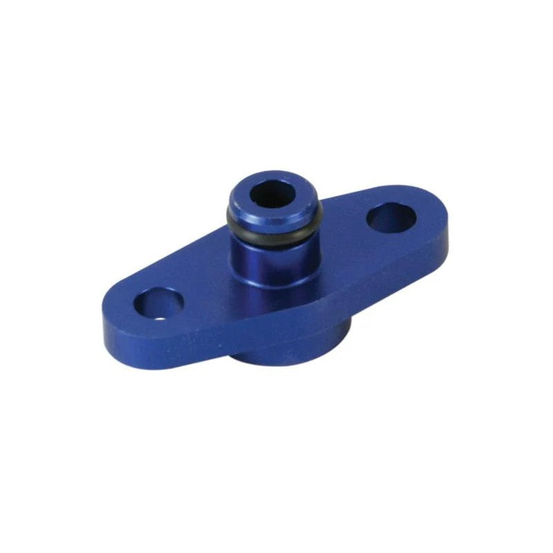 Silver Turbosmart fuel rail adapter TS-0402-1001 for Mazda, Nissan, and Subaru fuel systems.