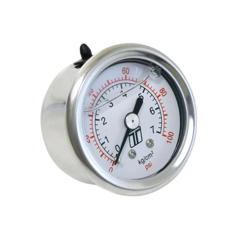 Turbosmart liquid-filled fuel pressure gauge showing 0-100 PSI dial face and 1/8 NPT threaded connection.