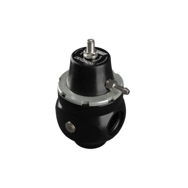 Black billet aluminum Turbosmart FPR10 fuel pressure regulator featuring -10AN inlet and outlet ports.