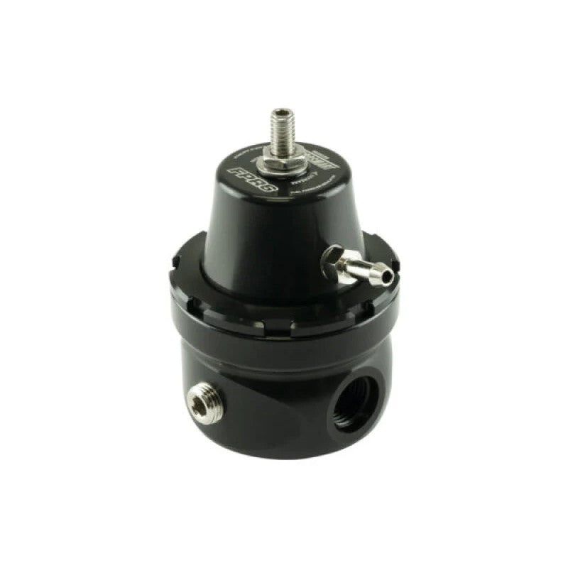Black anodized Turbosmart FPR6 Sleeper fuel pressure regulator with adjustment screw and side ports.