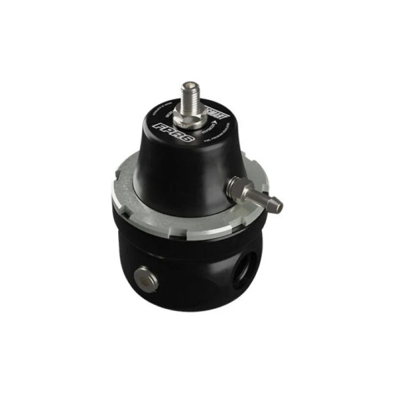 Black anodized Turbosmart FPR6 fuel pressure regulator with -6AN inlet and outlet ports.
