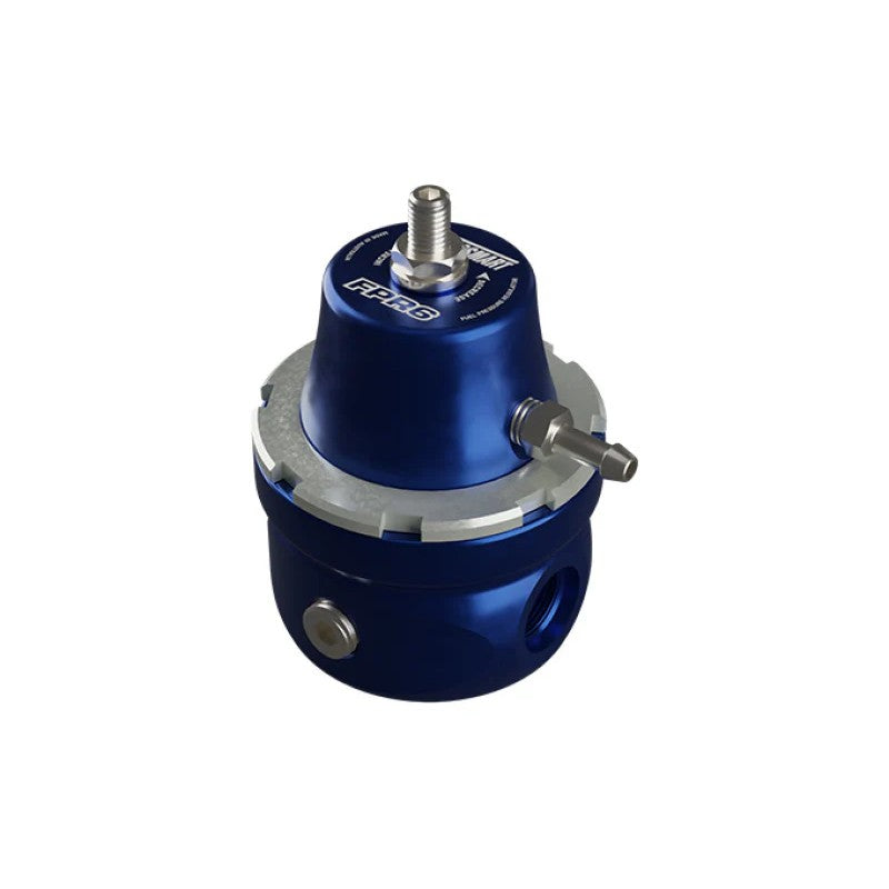 Blue anodized billet aluminum Turbosmart FPR6 fuel pressure regulator with -6AN inlet and outlet ports.