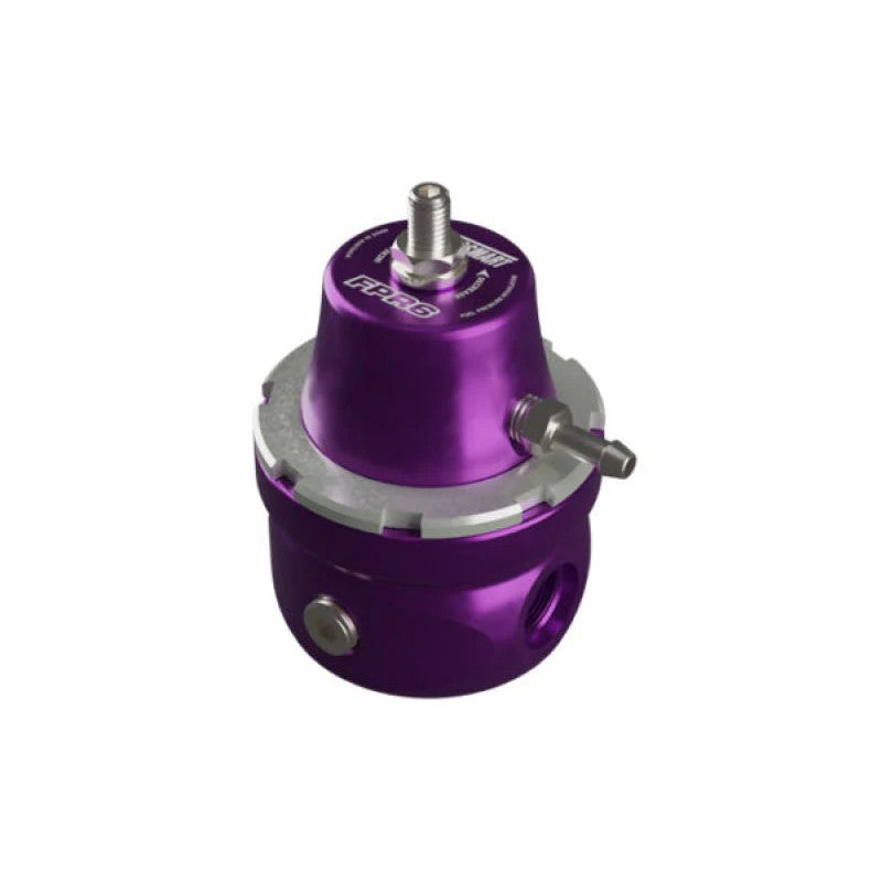 Purple anodized Turbosmart FPR6 fuel pressure regulator with -6AN fittings and mounting bracket.