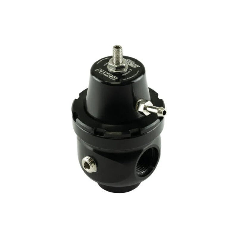 Matte black Turbosmart FPR8 Sleeper series fuel pressure regulator with adjustment screw and mounting bracket.