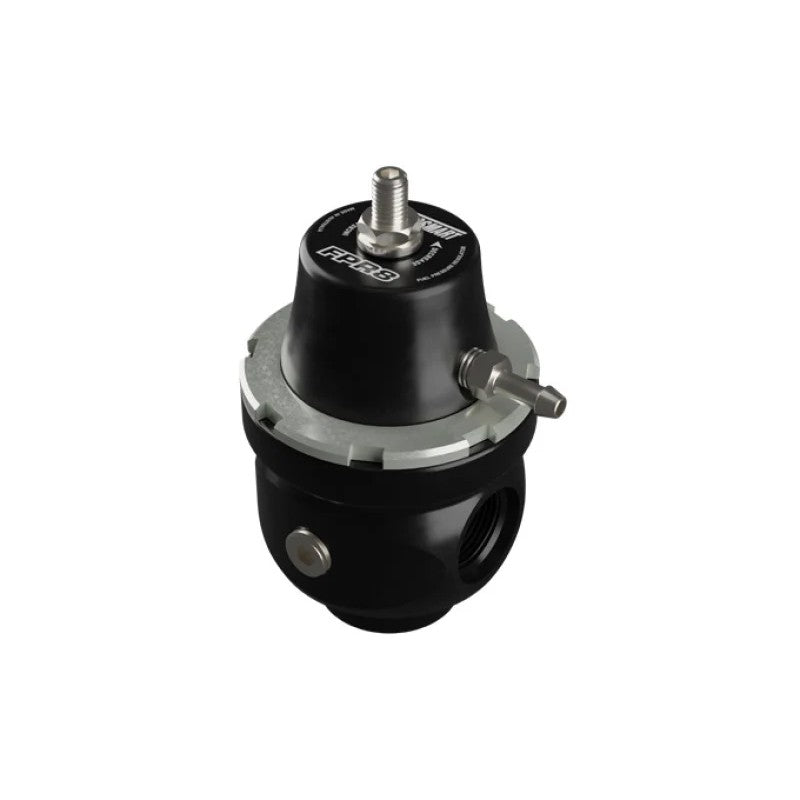 Black anodized Turbosmart FPR8 fuel pressure regulator showing -8AN inlet and outlet ports