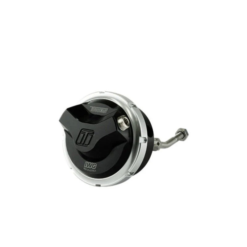 Turbosmart Gen V IWG Twin Port Wastegate Actuator with black anodized housing for Garrett G25 turbochargers.