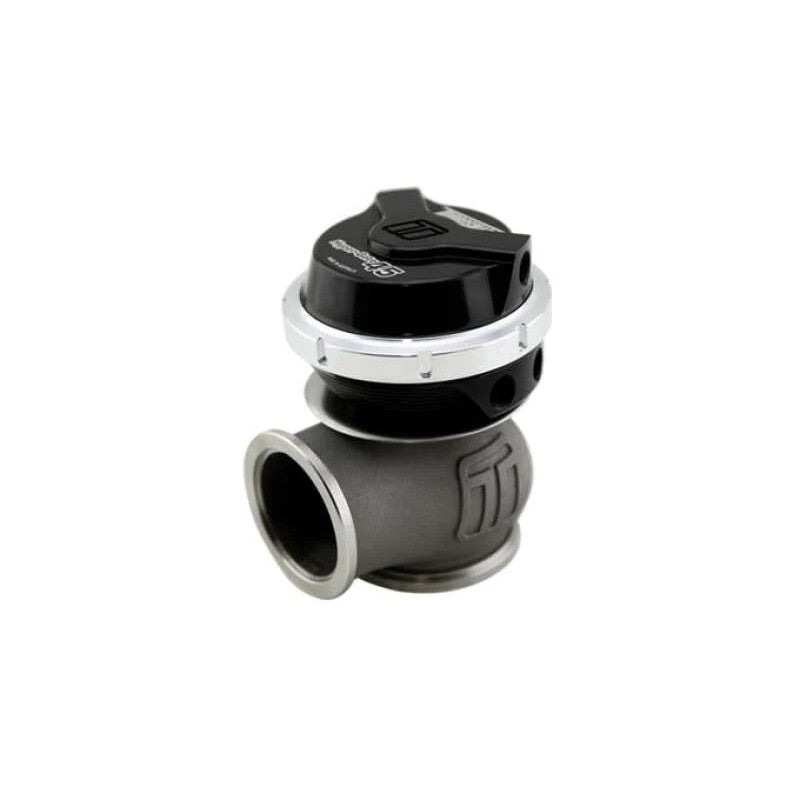Black Turbosmart GenV HyperGate45 45mm external wastegate with stainless steel V-band clamps and 7psi spring.