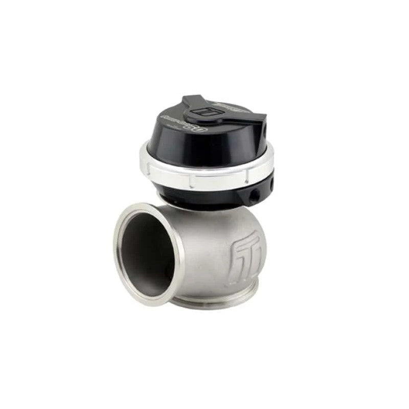 Black Turbosmart GenV PowerGate60 60mm external wastegate with stainless steel body and V-band mounting clamps.