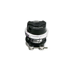 Black anodized Turbosmart GenV RacePort blow off valve featuring female flange mount and aluminum V-band collar.
