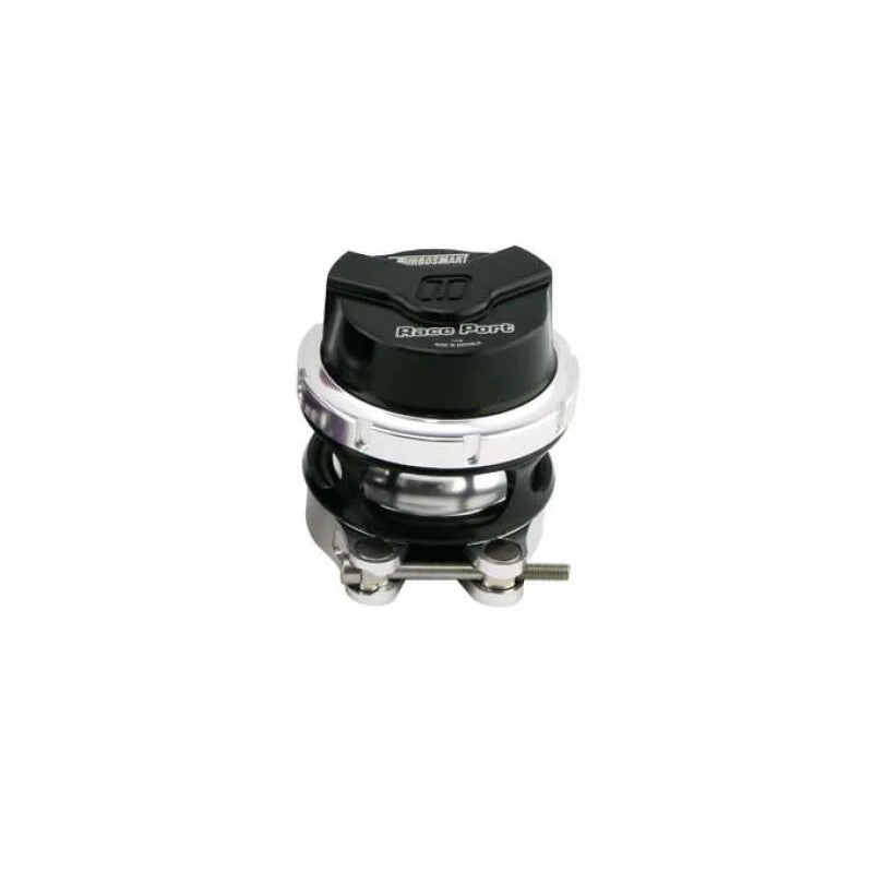 Black anodized Turbosmart GenV RacePort blow off valve featuring female flange mount and aluminum V-band collar.