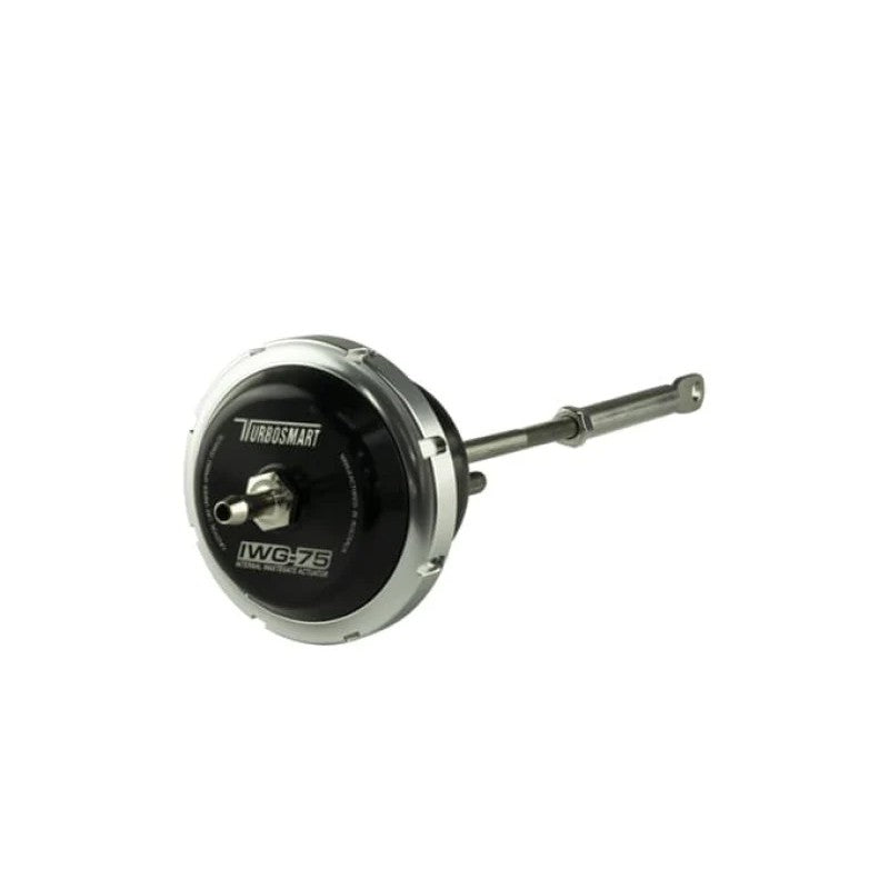 Black anodized Turbosmart IWG75 internal wastegate actuator with stainless steel rod and clevis for Turbonetics NXT turbo.