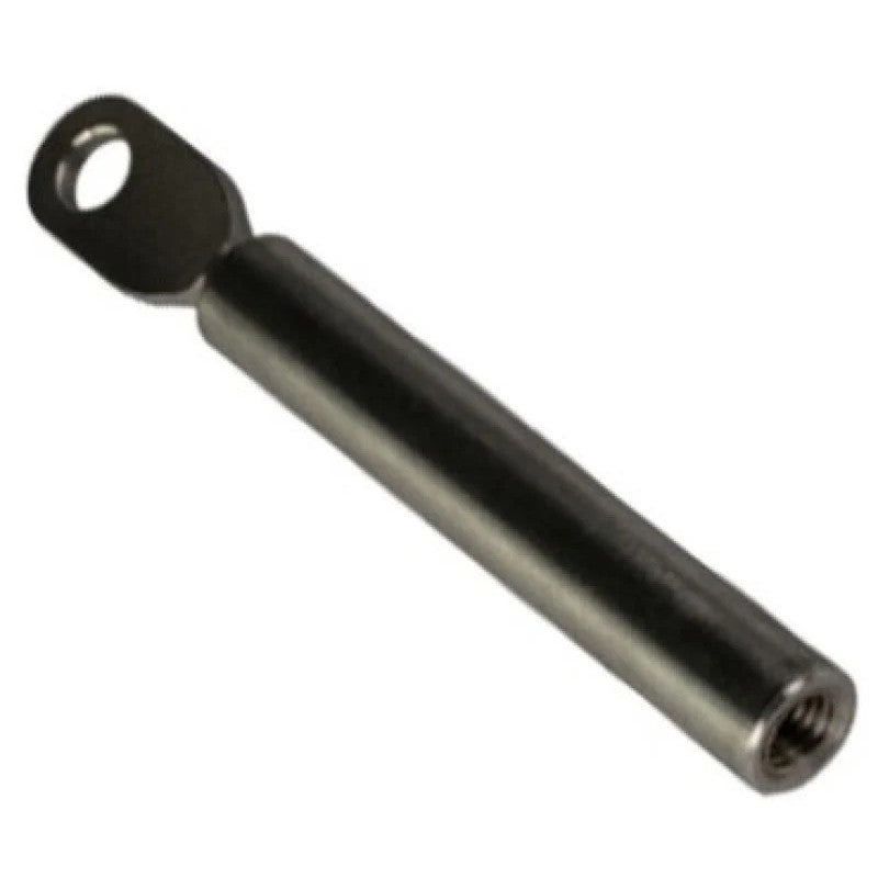 Turbosmart IWG75 internal wastegate actuator clevis showing the 6.3mm bore and threaded rod attachment point.