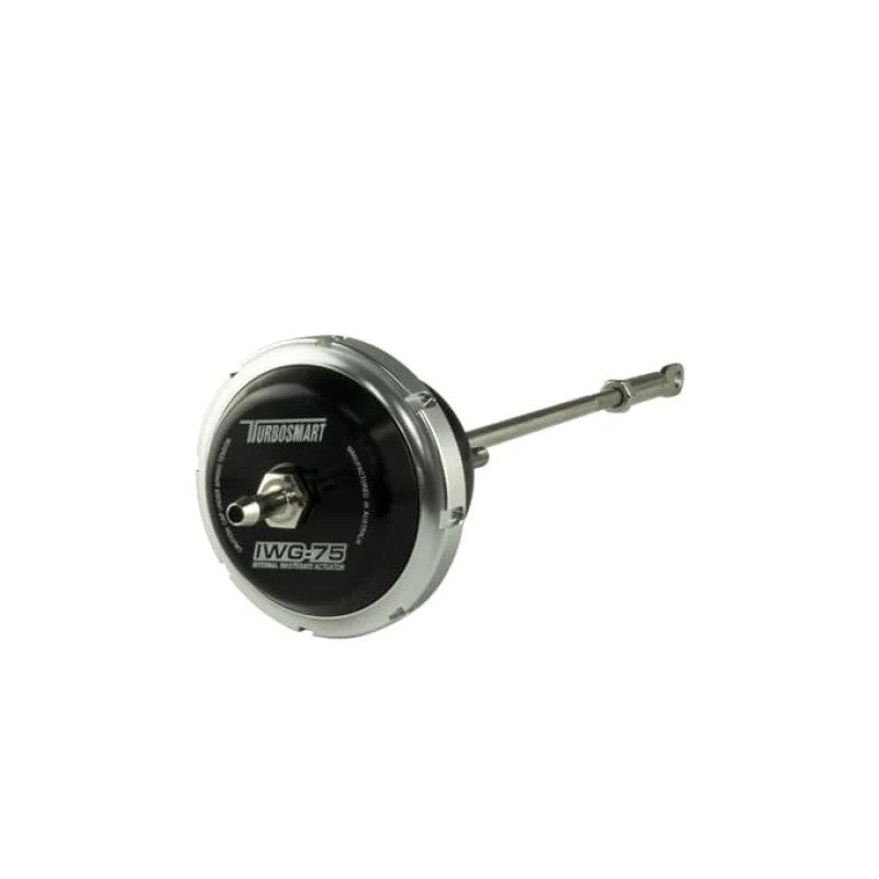 Black billet aluminum Turbosmart IWG75 internal wastegate actuator with stainless steel rod and mounting bracket.
