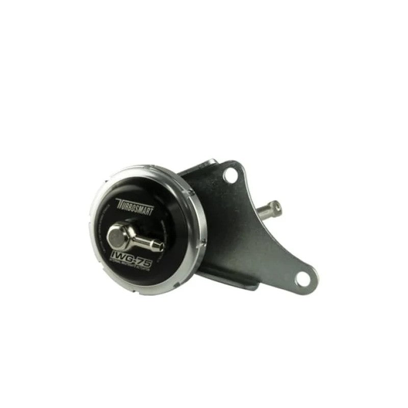 Black billet aluminum Turbosmart IWG75 internal wastegate actuator with stainless steel rod for GTX28R turbochargers.