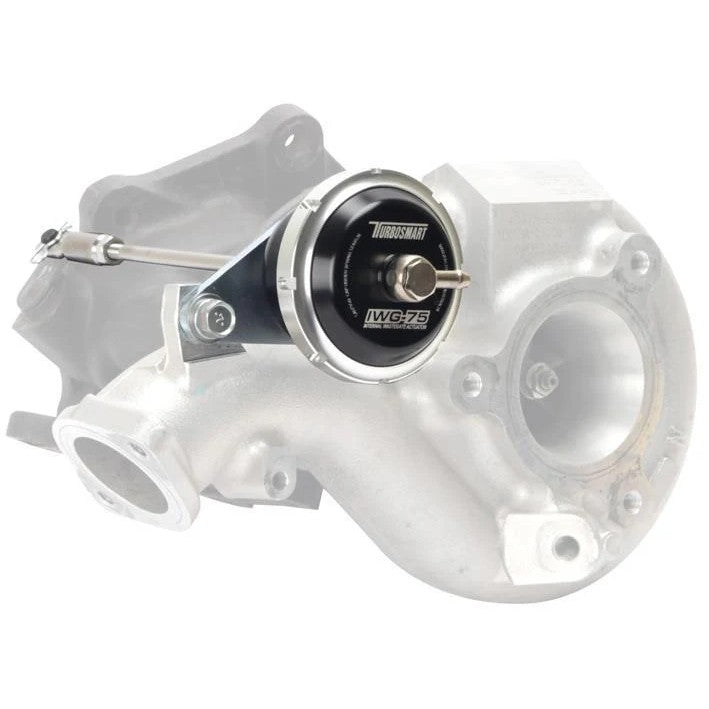 Black anodized Turbosmart IWG75 internal wastegate actuator for Mitsubishi EVO 10