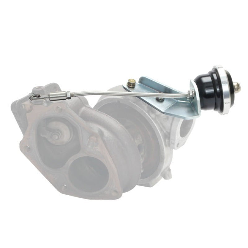 Black billet aluminum Turbosmart IWG75 internal wastegate actuator with stainless steel rod for Mitsubishi EVO 9.