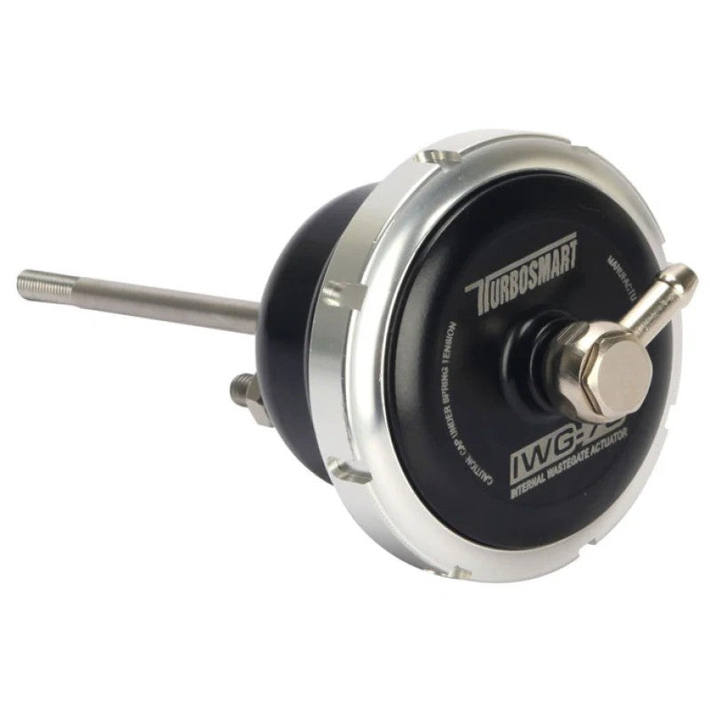 Black Turbosmart IWG75 internal wastegate actuator with 150mm threaded rod and mounting hardware