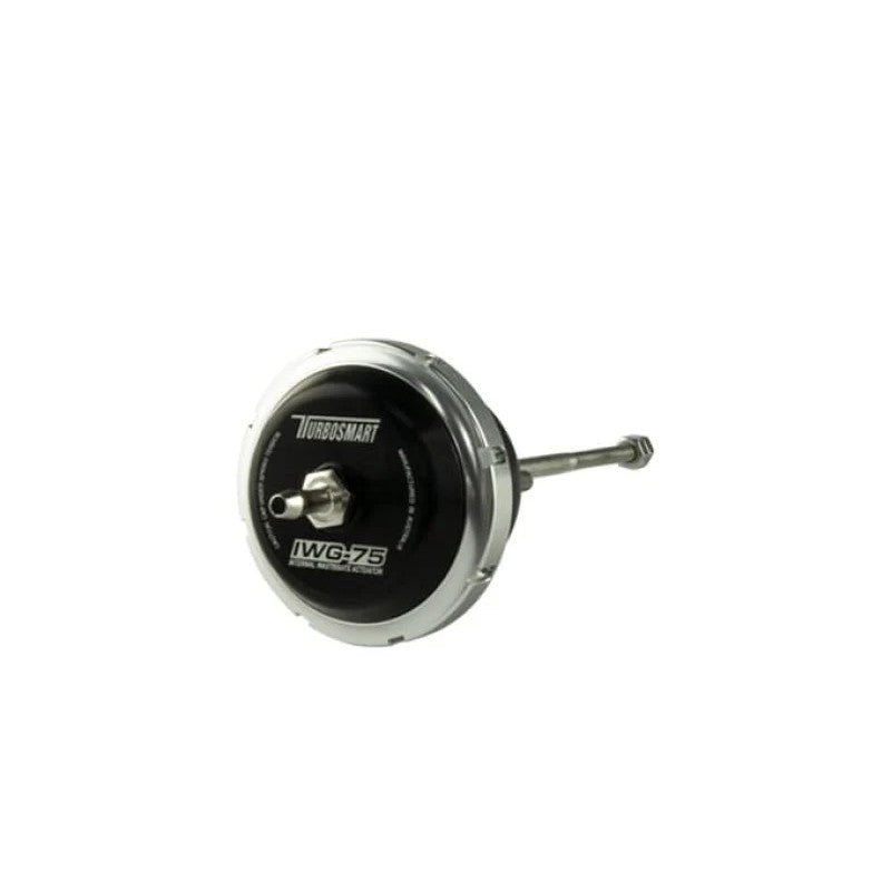 Black Turbosmart IWG75 internal wastegate actuator with 140mm M6 stainless steel rod and clevis.