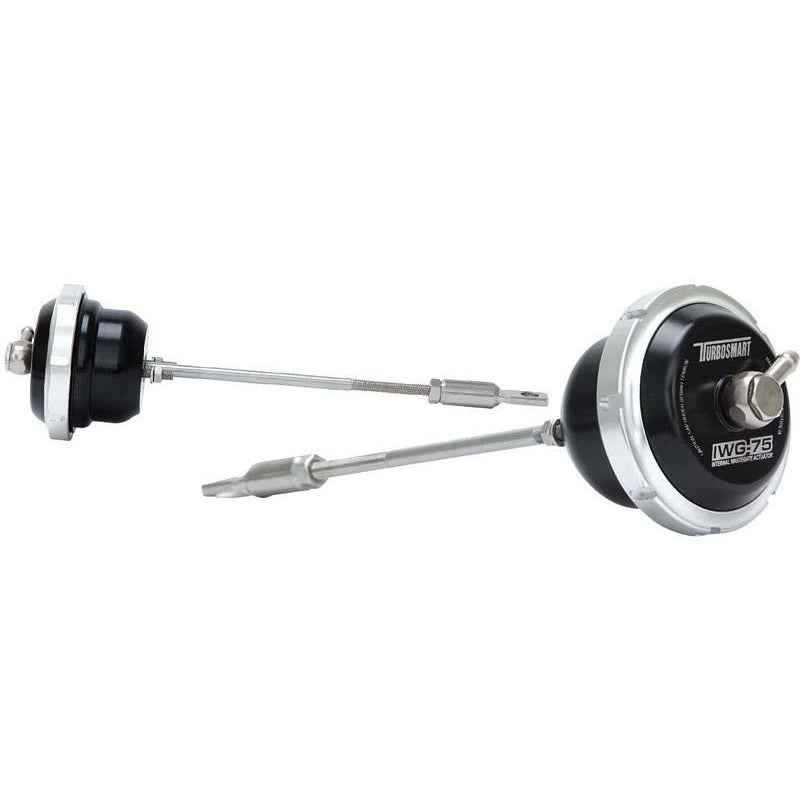 Black Turbosmart IWG75 internal wastegate actuator with stainless steel rod for VW Golf R K04 turbocharger.
