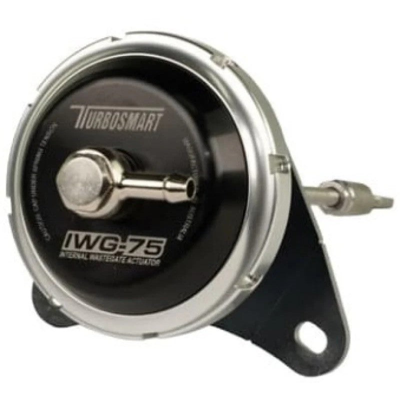 Black anodized Turbosmart IWG75 internal wastegate actuator for GM LTG 2.0L turbo engines.