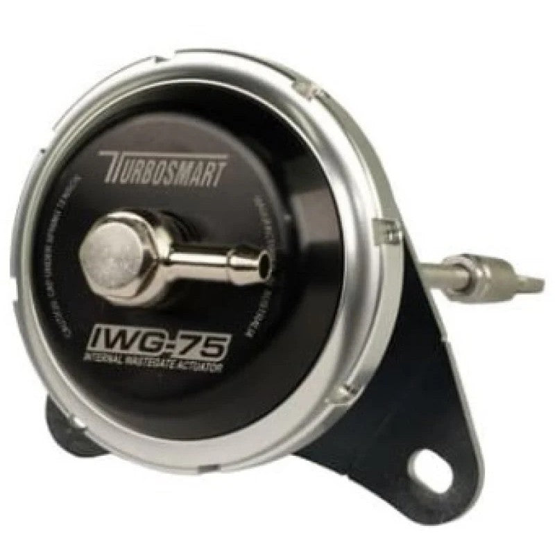 Black anodized Turbosmart IWG75 internal wastegate actuator with stainless steel rod for GM LTG 2.0L engines