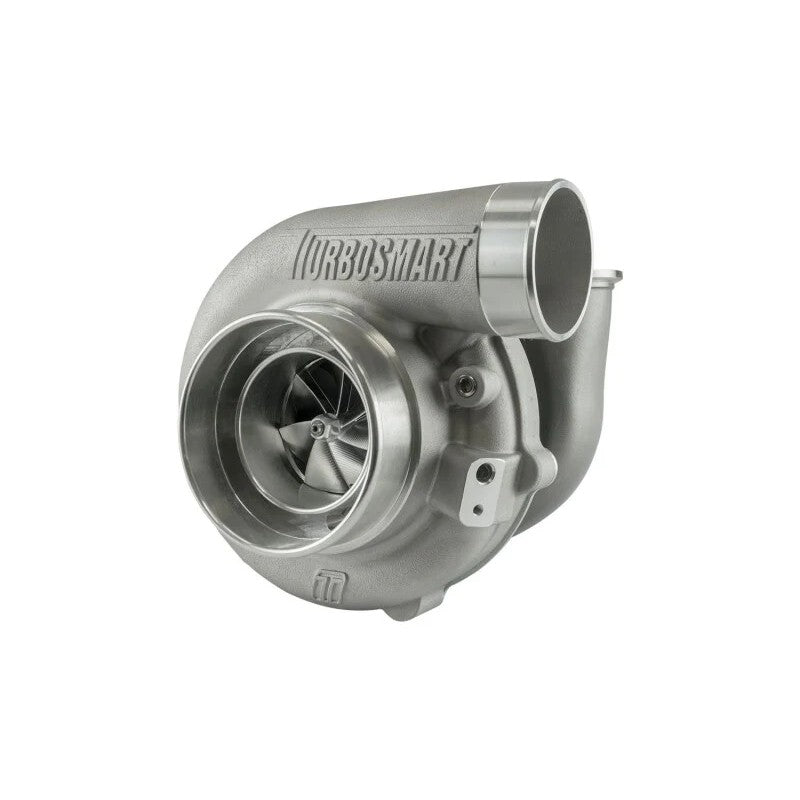 Turbosmart TS-1 6466 oil-cooled turbocharger with V-band inlet and outlet and aluminum compressor cover.