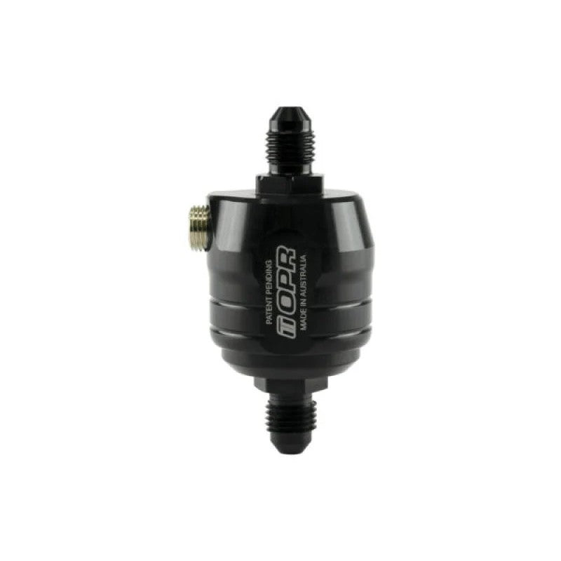Black anodized Turbosmart OPR V2 turbo oil pressure regulator with -4AN fittings and integrated filter.