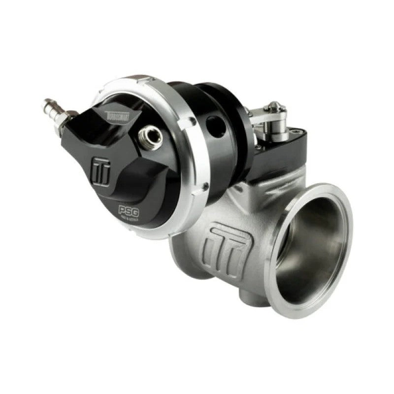Black Turbosmart PSG50 pneumatic straight gate external wastegate featuring butterfly valve design.