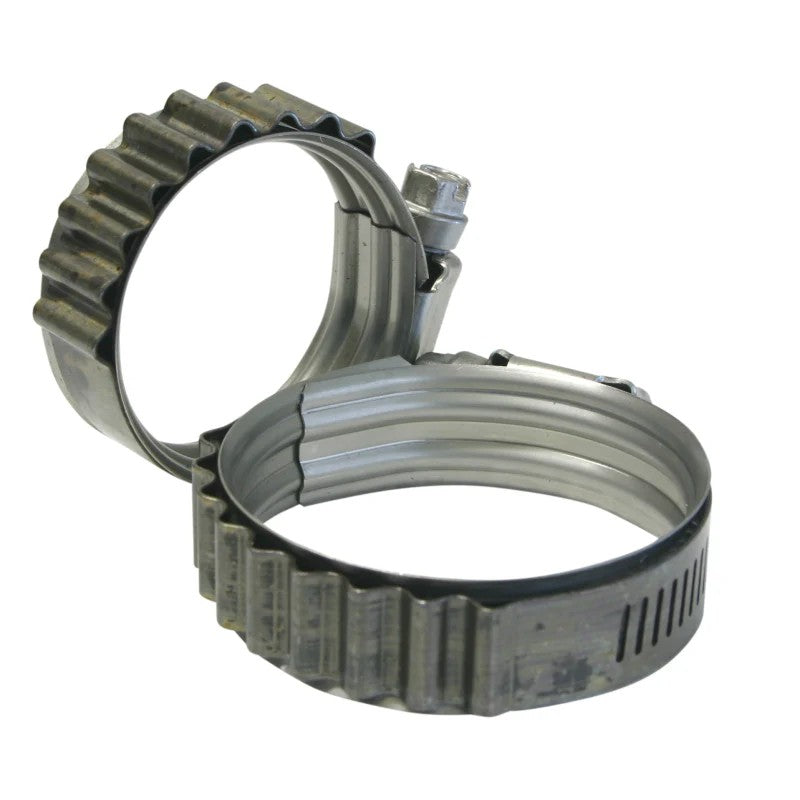 Turbosmart Turbo-Seal constant tension clamp featuring a convoluted spring band and flanged edges for hose protection.