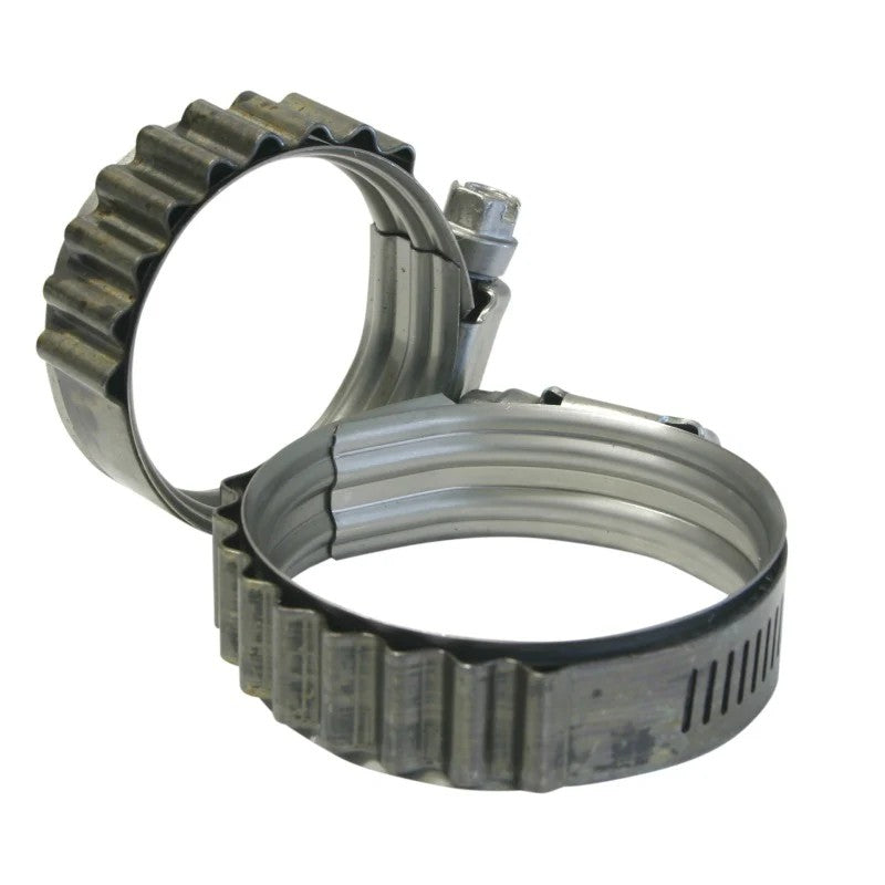 Turbosmart Turbo-Seal constant tension hose clamp with convoluted stainless steel spring band and flanged edges.