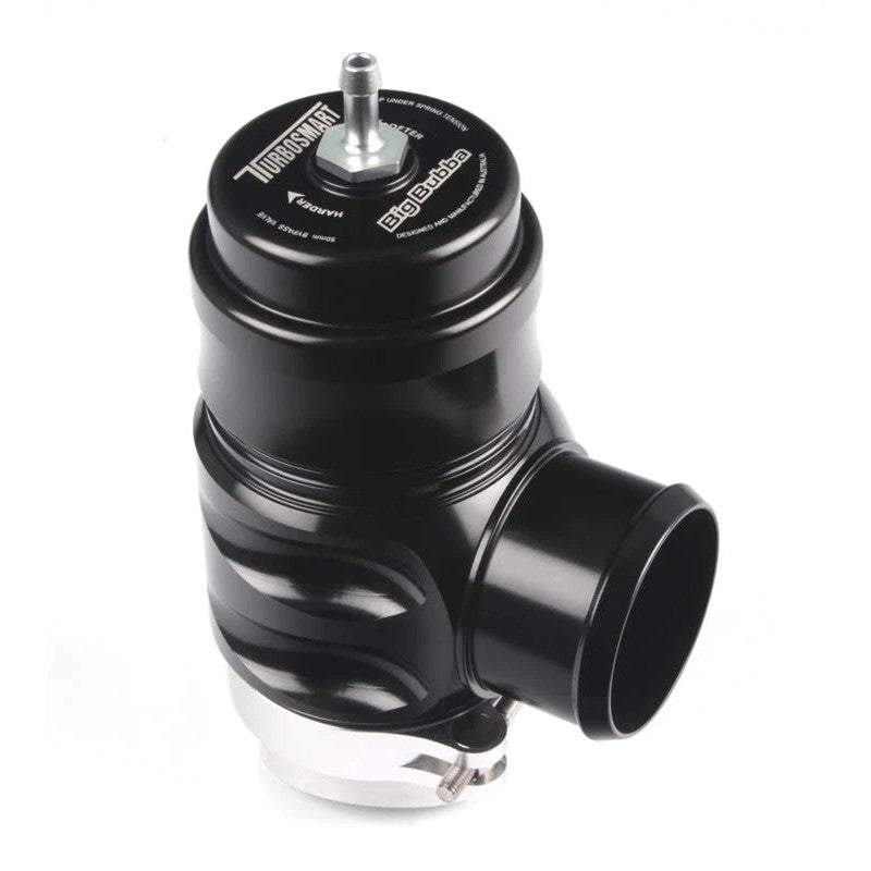 Turbosmart Big Bubba Sleeper series bypass valve in black billet aluminum with 50.8mm piston and V-band flange.