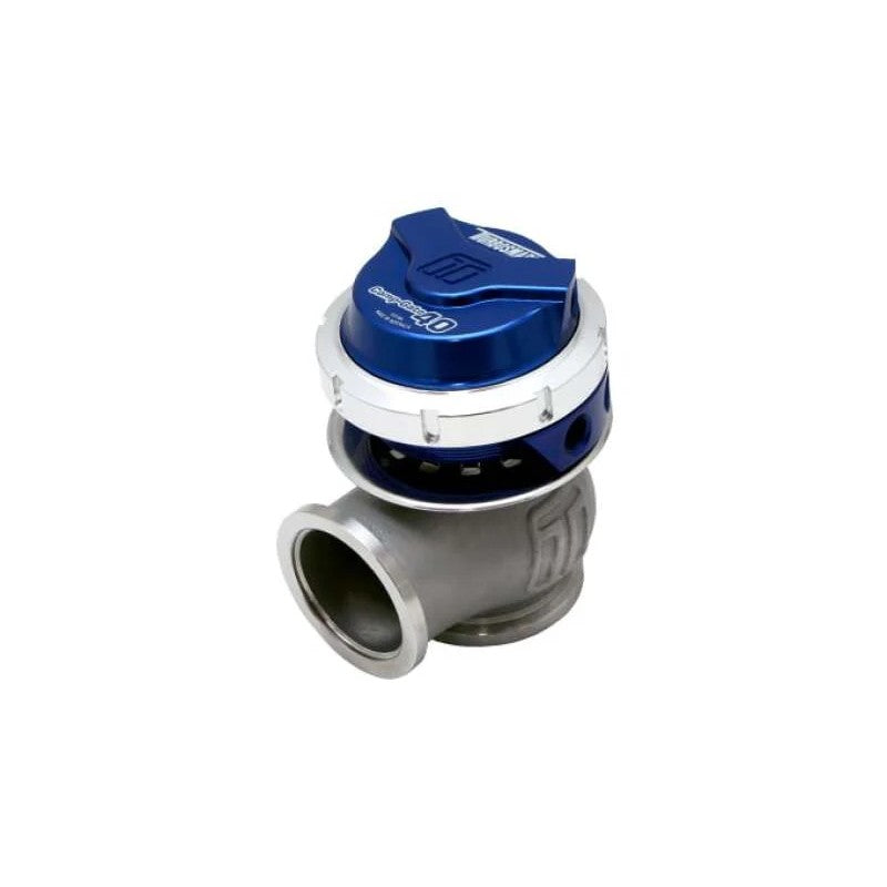 Blue Turbosmart Gen-V WG40 Comp-Gate 40mm external wastegate with stainless steel V-band clamps.