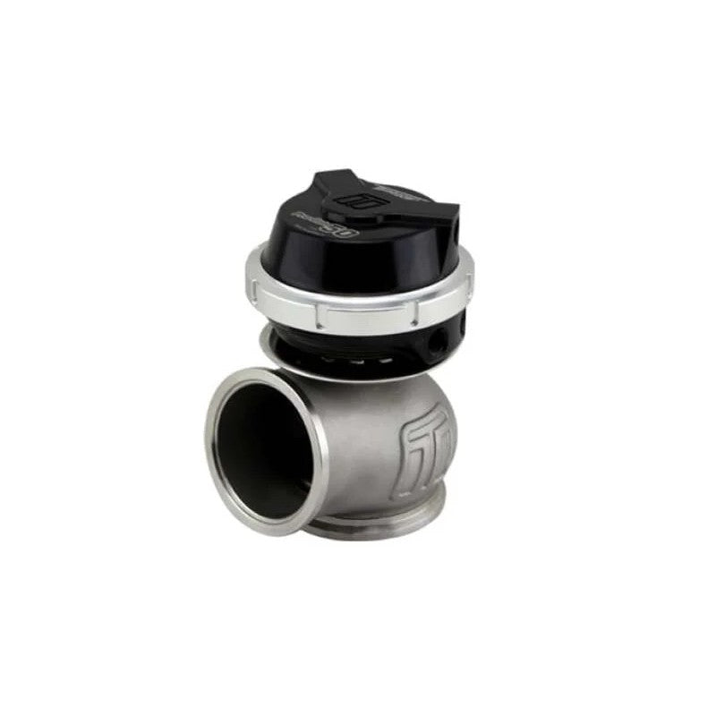 Black Turbosmart Gen V Pro-Gate 50mm external wastegate with stainless steel V-band mounting clamps.
