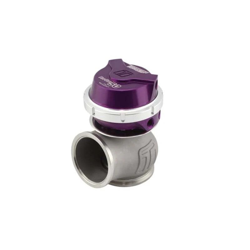 Turbosmart GenV WG50 Pro-Gate 50mm external wastegate in purple anodized finish with V-band clamps.