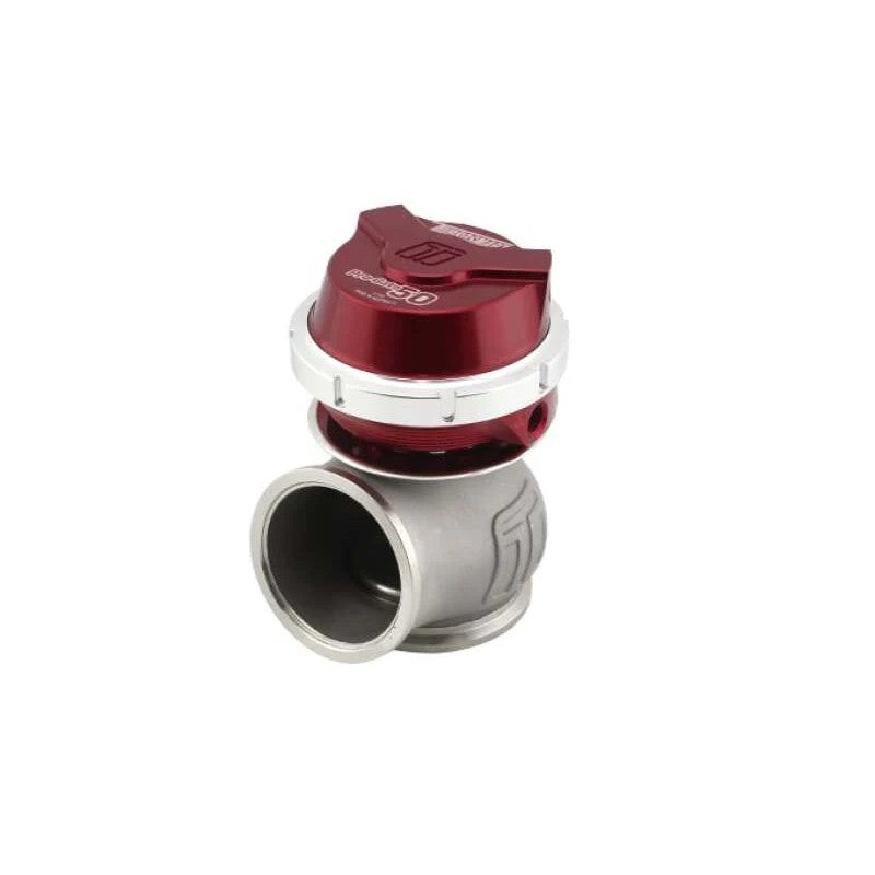 Red anodized Turbosmart GenV Pro-Gate 50mm external wastegate with stainless steel V-band flange and clamps.